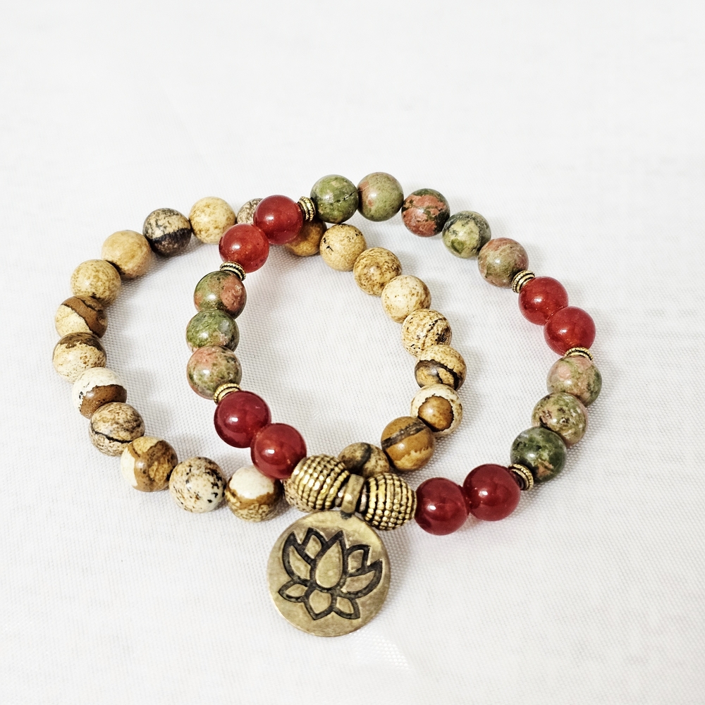 Shivam Unakite Jasper Quartz Beaded Bracelet Set w/ Lotus Charm